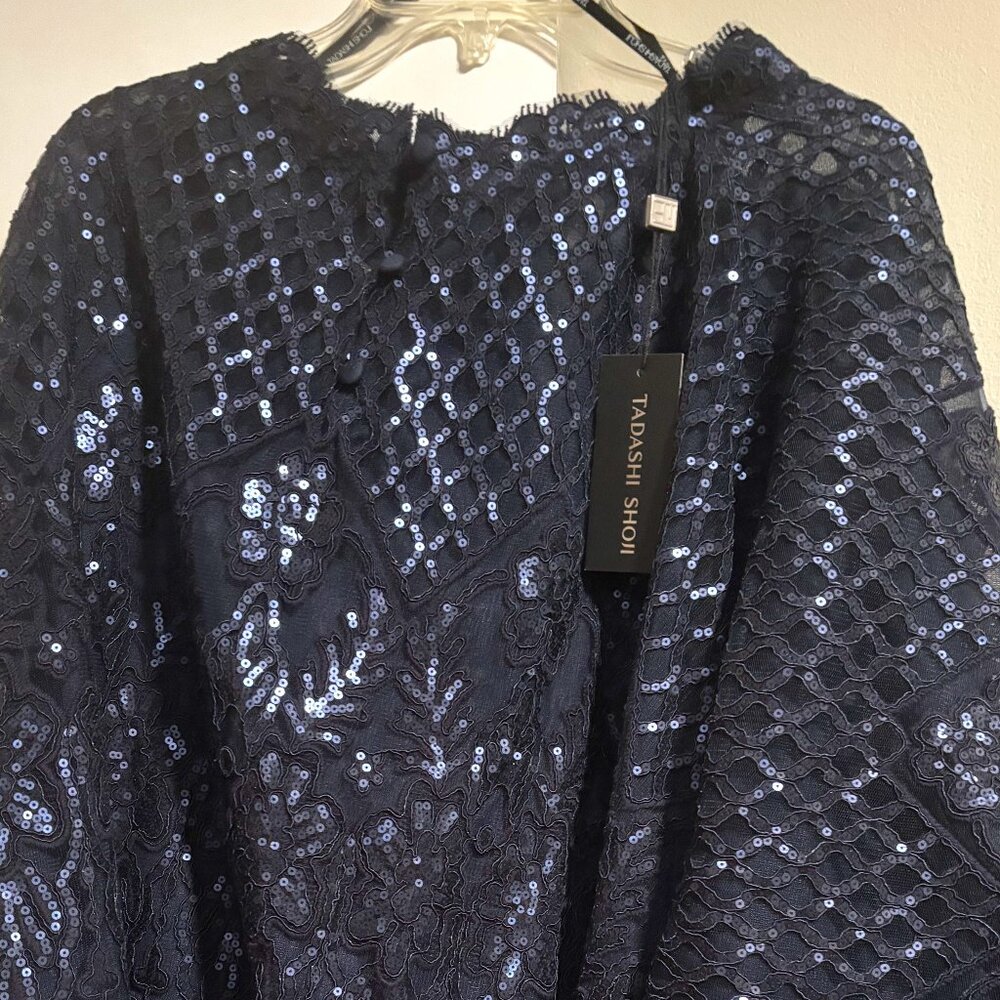 Tadashi Shoji Navy blue floral lace shimmering sequin Formal cover up/poncho - Picture 2 of 15